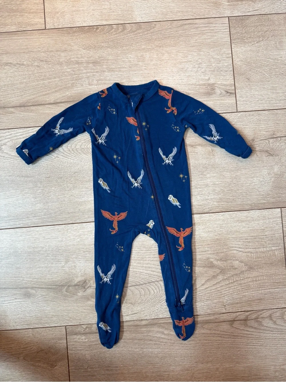 Kyte BABY Navy Blue Bird Print One-Piece Footie